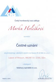 The Czech Mountaineering Association awarded honorable mention to Marek Holeček for his climb in 2018