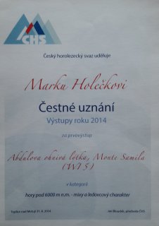 Český horolezecký svaz udělil čestné uznání za prvovýstup v horách pod 6000 m n.m. v roce 2014
