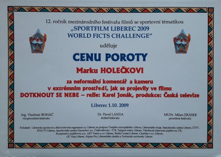 Cenu poroty obdržel  Marek Holeček na 12. ročníku festivalu filmů Sportlife Liberec 2009