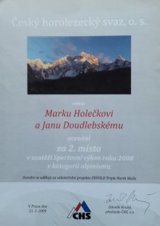 Český horolezecký svaz udělil ocenění za 2. místo v soutěži Sportovní výkon roku 2008