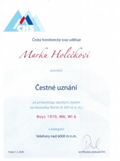 The Czech Mountaineering Association awarded honorable mention to Marek Holeček for his climb in 2019